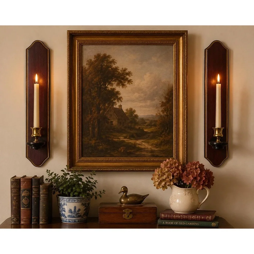 Vintage Pair Wood & Brass Wall Candle Sconces Federal Colonial Traditional Decor